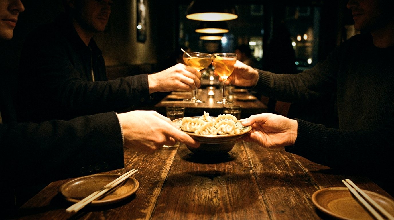 Friends at a dark wooden table, one passing a plate of dumplings to another while two cocktails meet in a toast.