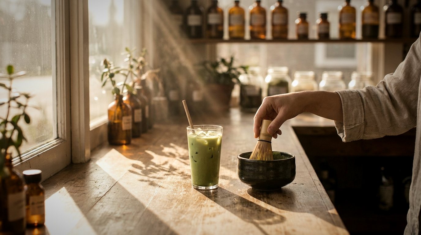 Iced matcha being whisked at the counter in afternoon light.