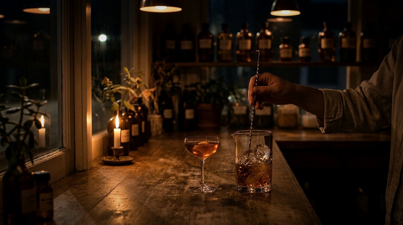 The same counter at night under low lamps, a cocktail being stirred.