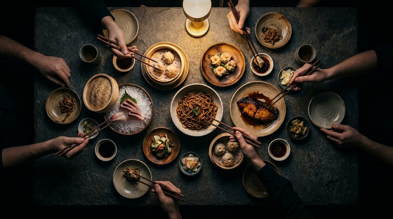Overhead view of a stone table of shared dishes, dim sum, sashimi, noodles and black cod, with hands reaching in with chopsticks from every side.