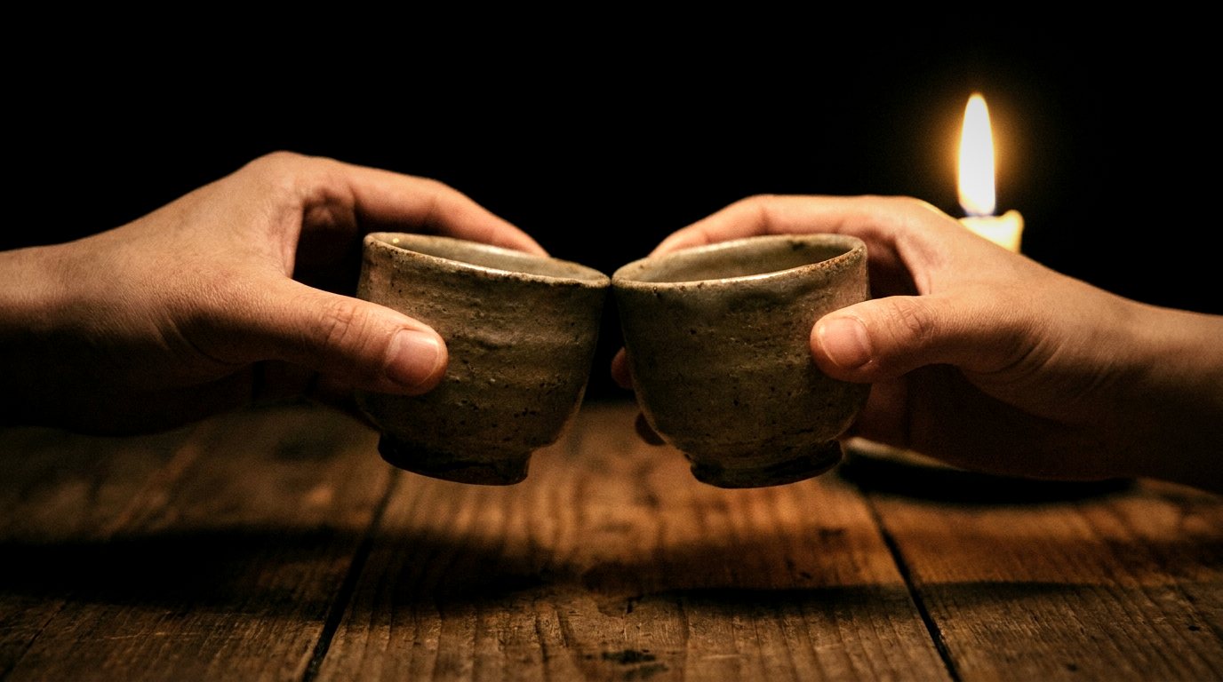 Two hands raising small ceramic cups toward each other by candlelight.
