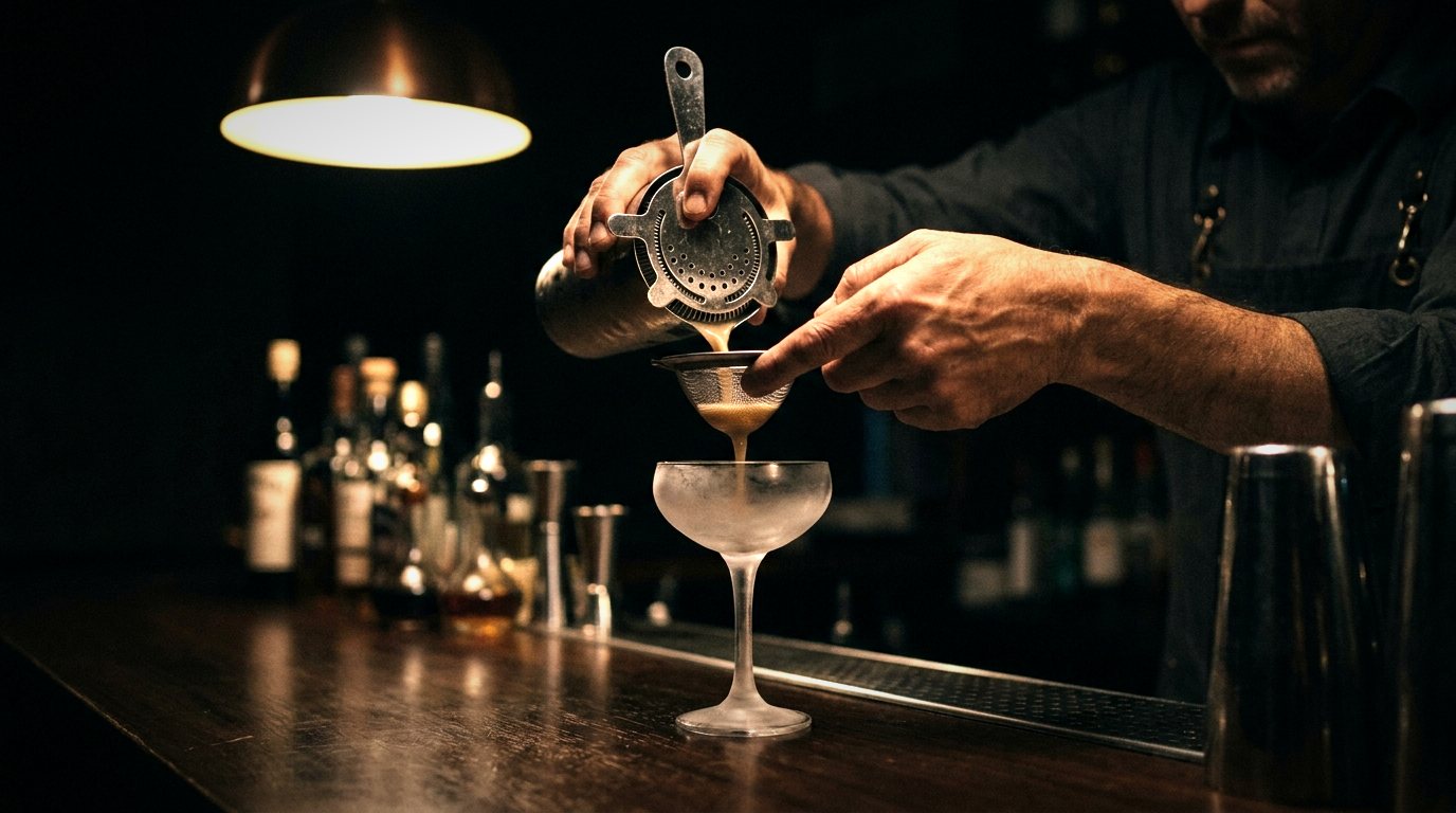 A cocktail strained into a chilled coupe across the dark bar counter.