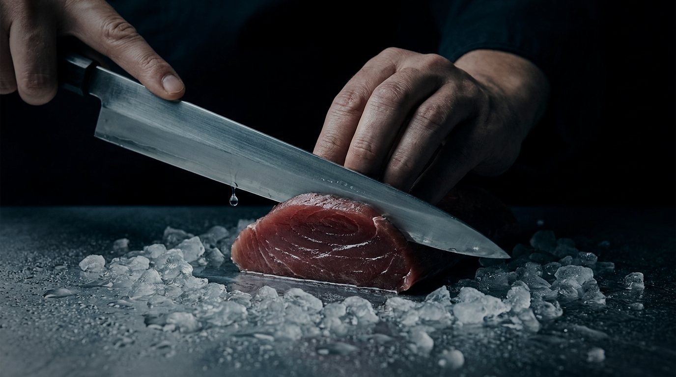 A yanagiba blade drawn through a loin of tuna on chilled steel, crushed ice around it.