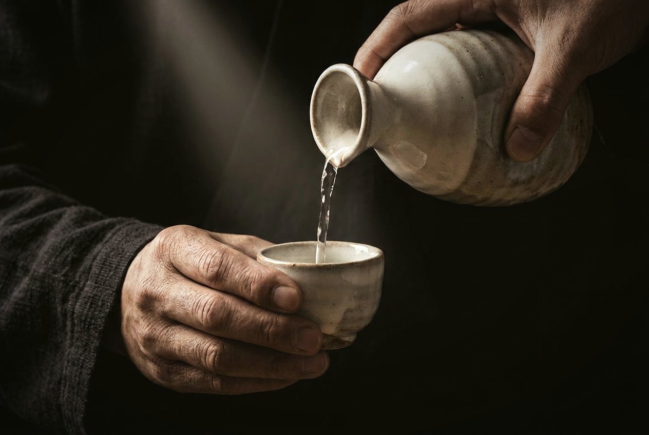 Sake poured from a ceramic tokkuri into a small cup.