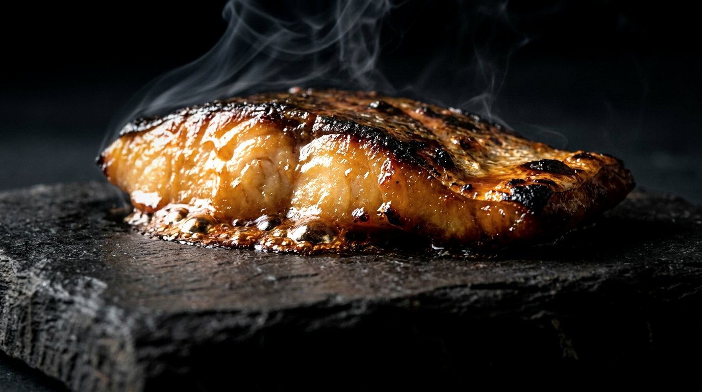 Miso glazed black cod searing on a hot stone slab, the glaze caramelising at the edges.