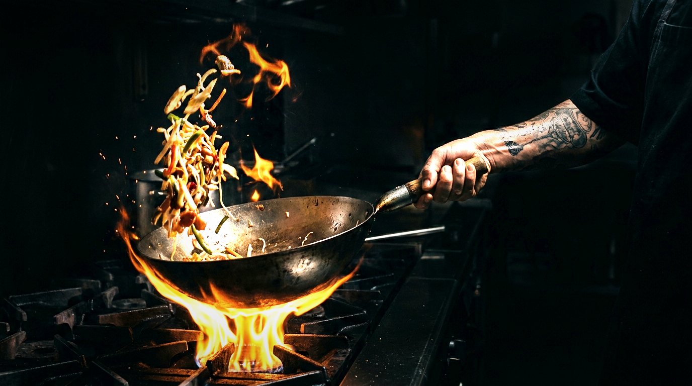 A carbon steel wok tossed over open flame, the food airborne and the fire the only light in the kitchen.